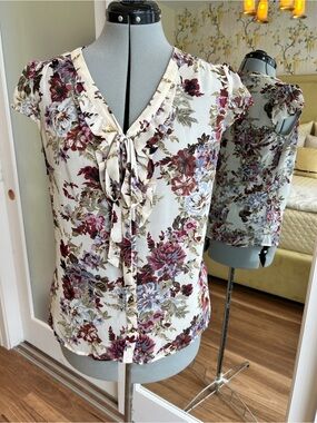Esprit Semi-Sheer Floral Tie-Neck Ruffle Blouse - Cream with Pink & Green Floral